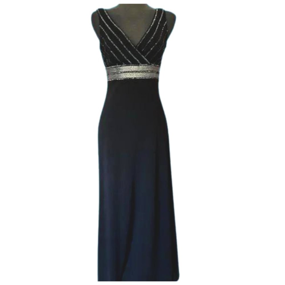 Dusk Collection by Sheila Yen Beaded V Neck Black Evening Gown Size 8
